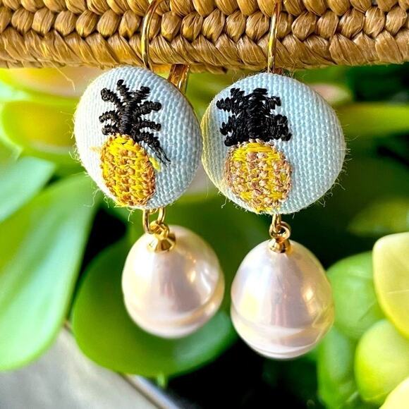 Madam Posy Design Jewelry - Embroidered BOHO Pineapple & Pearl Dangle Earrings